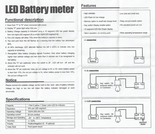 Batterij indicator, inbouw 48V +/-/c